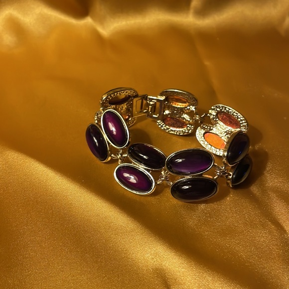 Gold colored bracelet with 2 strands of oval purple jewels-FINAL MARKDOWN - Picture 3 of 7